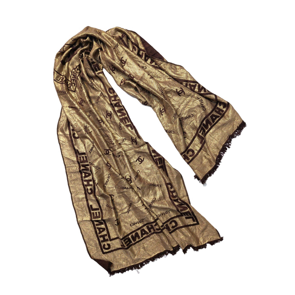 CHANEL Brown & Gold 100% Silk Reversible Shawl Wrap Scarf - Picture 2 of 16